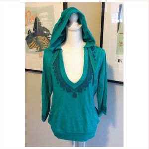 Embroidered Teal V-Neck Lucky Brand Hoodie